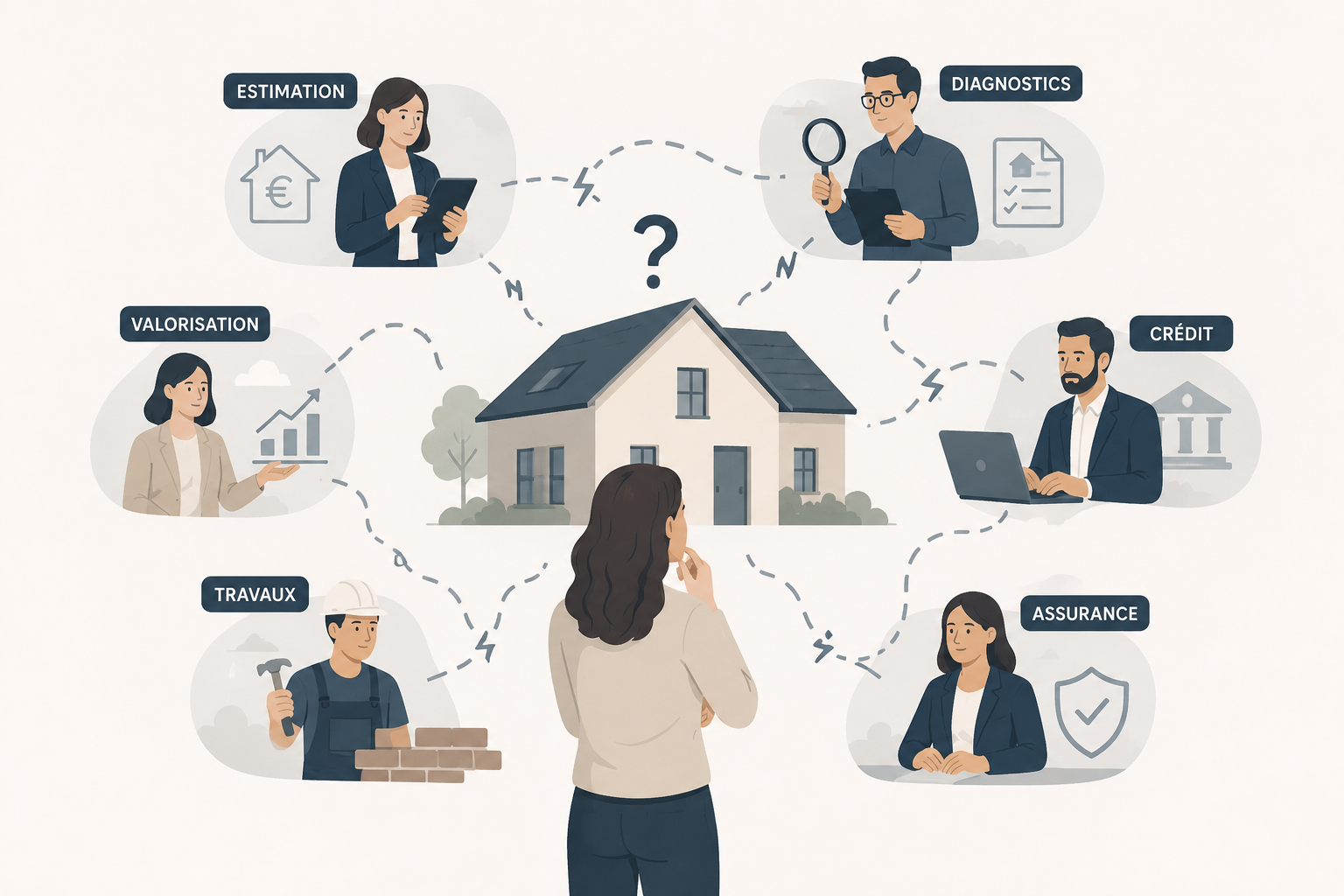 Parcours immobilier fragmenté avec plusieurs interlocuteurs pour l’estimation, les diagnostics, le crédit, l’assurance, les travaux et la valorisation